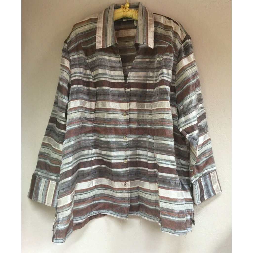 Units Woman 3x Long Sleeves Casual Shirt Top Striped Brown Button Down Side Slit